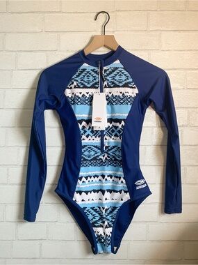 AXESEA Navy & Blue Tribal Long-Sleeve Rash Guard Zip Front One-Piece Swimsuit